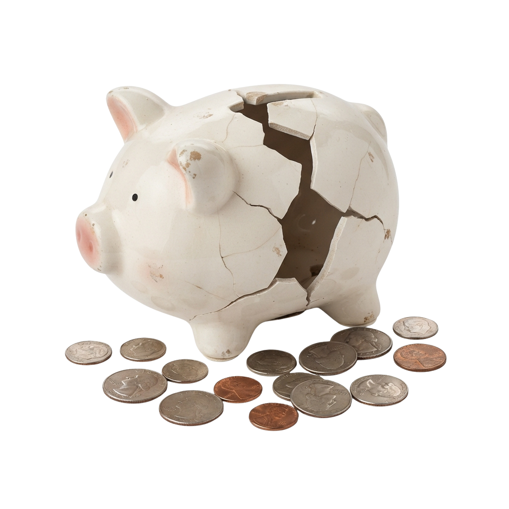 A cracked white ceramic piggy bank with coins scattered around it on a dark background