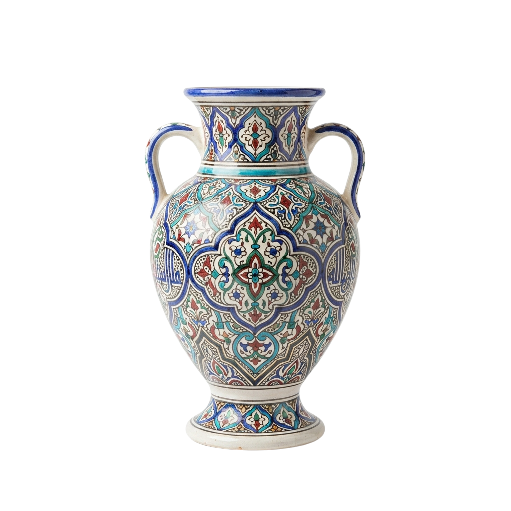 Decorative ceramic vase featuring colorful floral and geometric patterns with blue handles