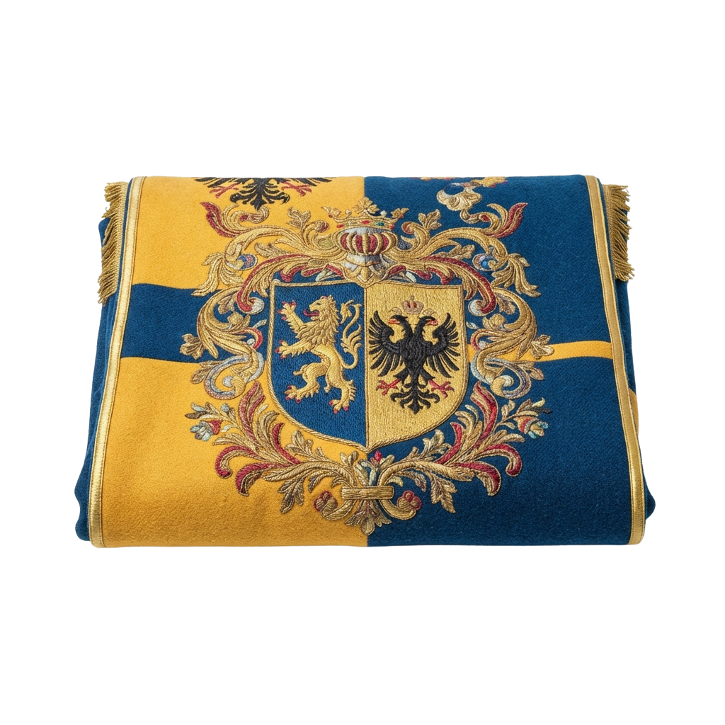 Decorative fabric featuring a coat of arms with a lion on the left and an eagle on the right, framed by ornate embroidery on a blue and yellow background