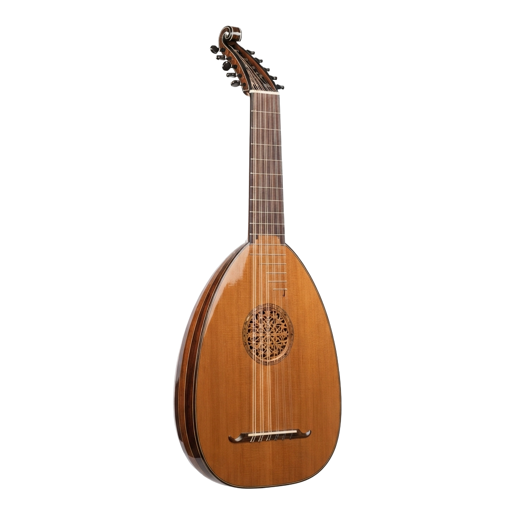 Pear-shaped acoustic string instrument with decorative sound hole and ornate tuning pegs
