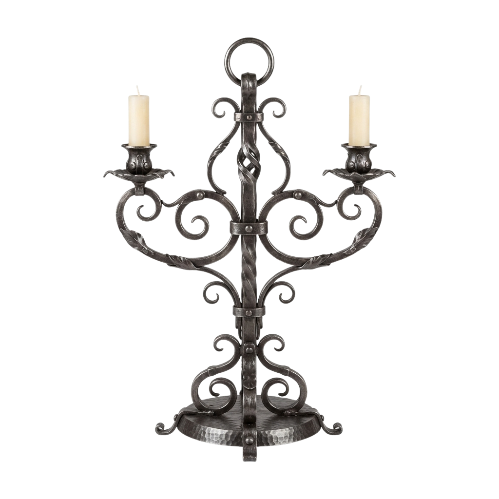 A black wrought iron double candle sconce with intricate scrollwork design and two unlit candles