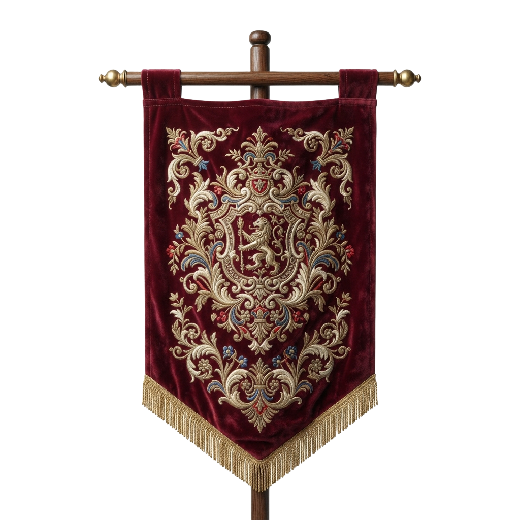 A rich maroon velvet banner with intricate gold embroidery featuring a lion and floral patterns, mounted on a wooden staff with fringe trim.