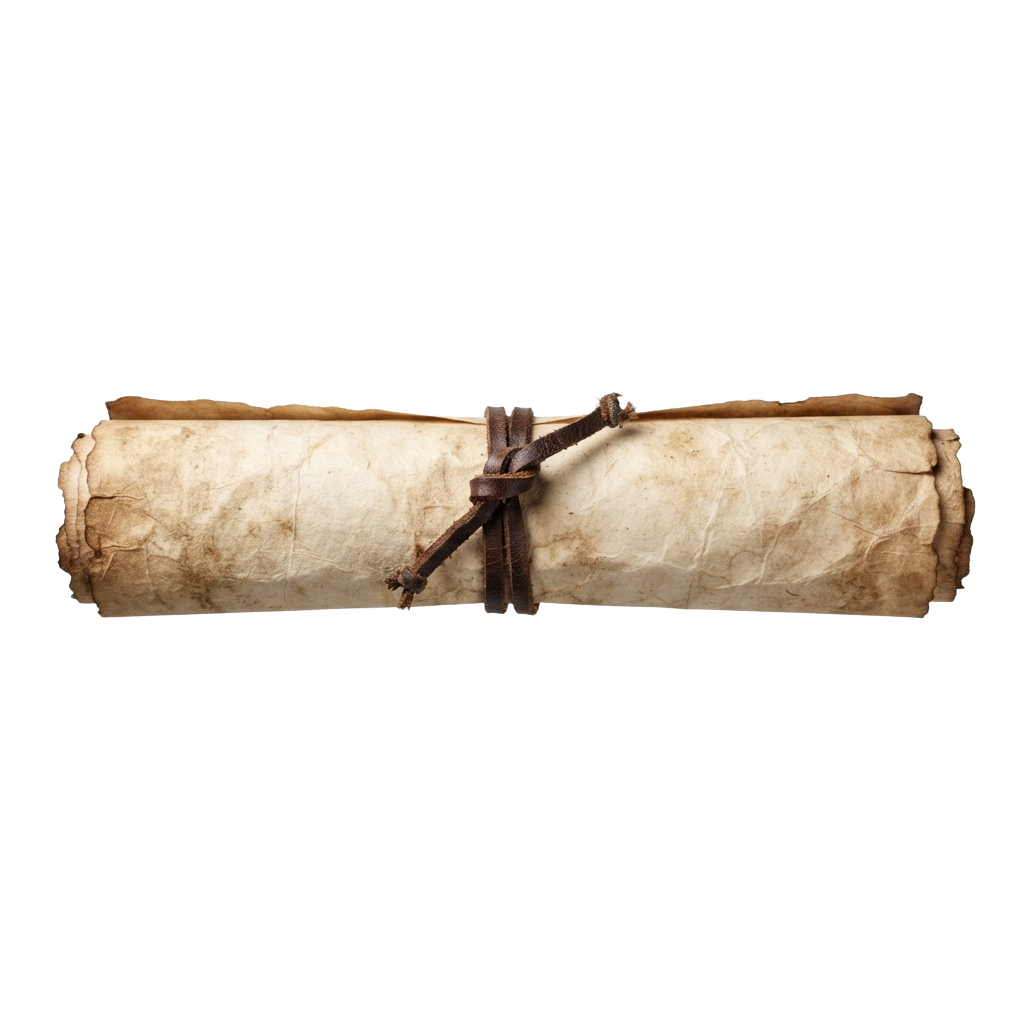An aged, rolled parchment secured with a brown leather string against a black backdrop