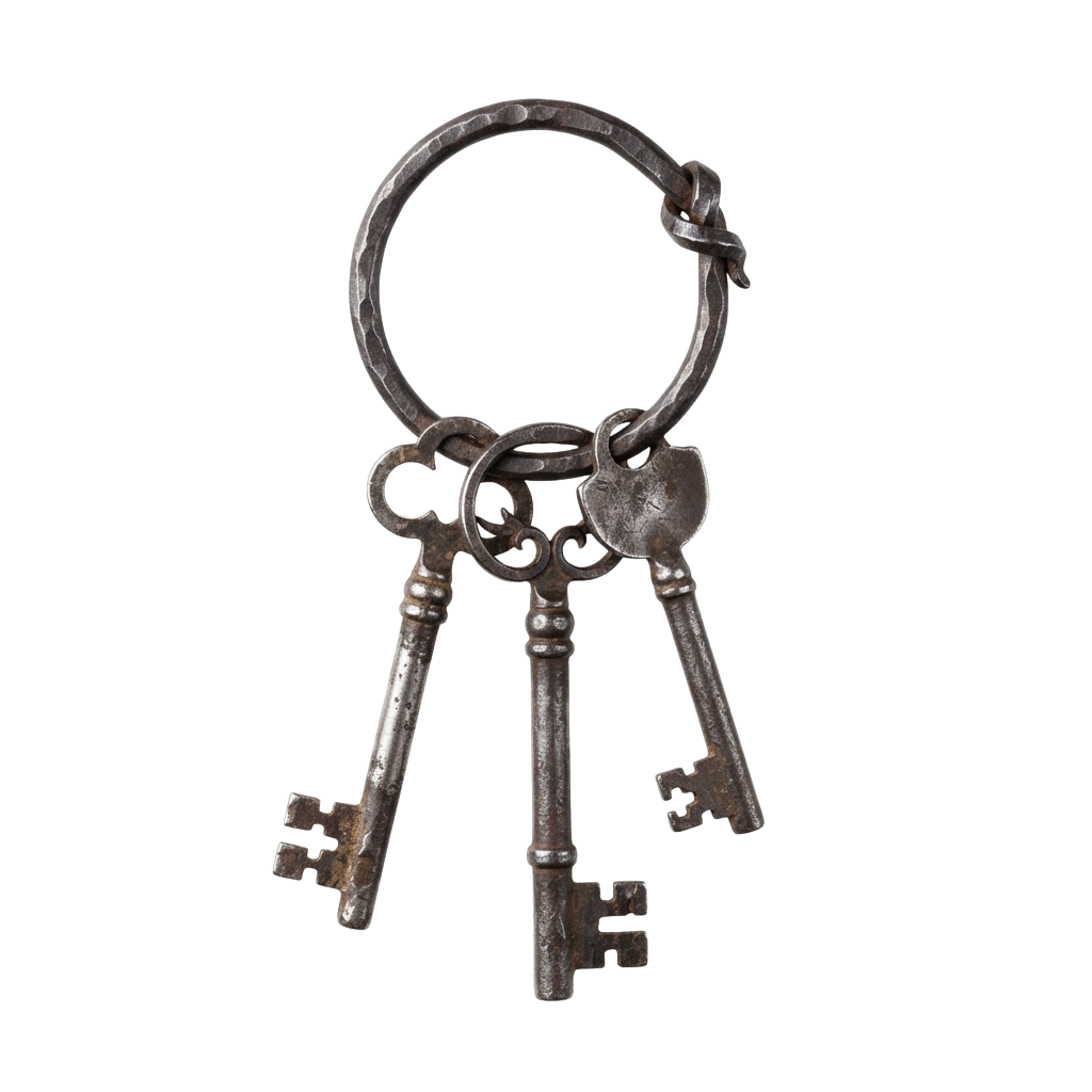 Three old-style metal keys attached to a rustic keyring against a dark background