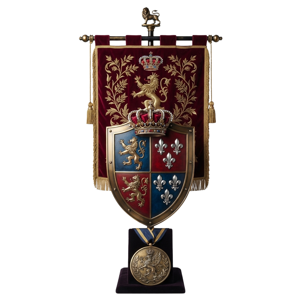 Decorative banner featuring a regal coat of arms with lions, fleur-de-lis, and crowns, mounted on a stand with a medal.