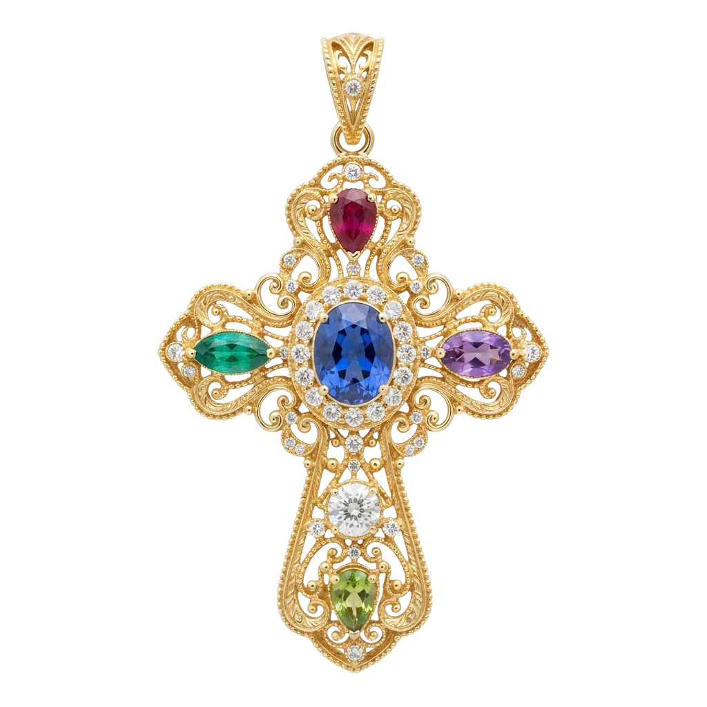 Intricate gold filigree cross pendant featuring blue, green, purple, and red gemstones surrounded by small diamonds