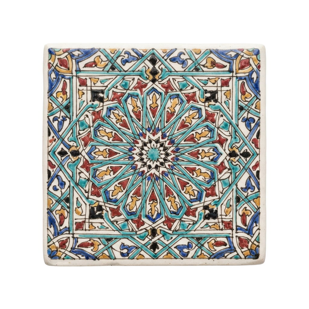 Colorful geometric tile with intricate floral and star patterns in teal, red, and gold hues