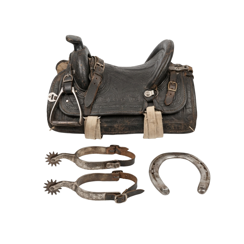 Old leather horse saddle with ornate tooling, two stirrups with spurs, and a bitless bridle.