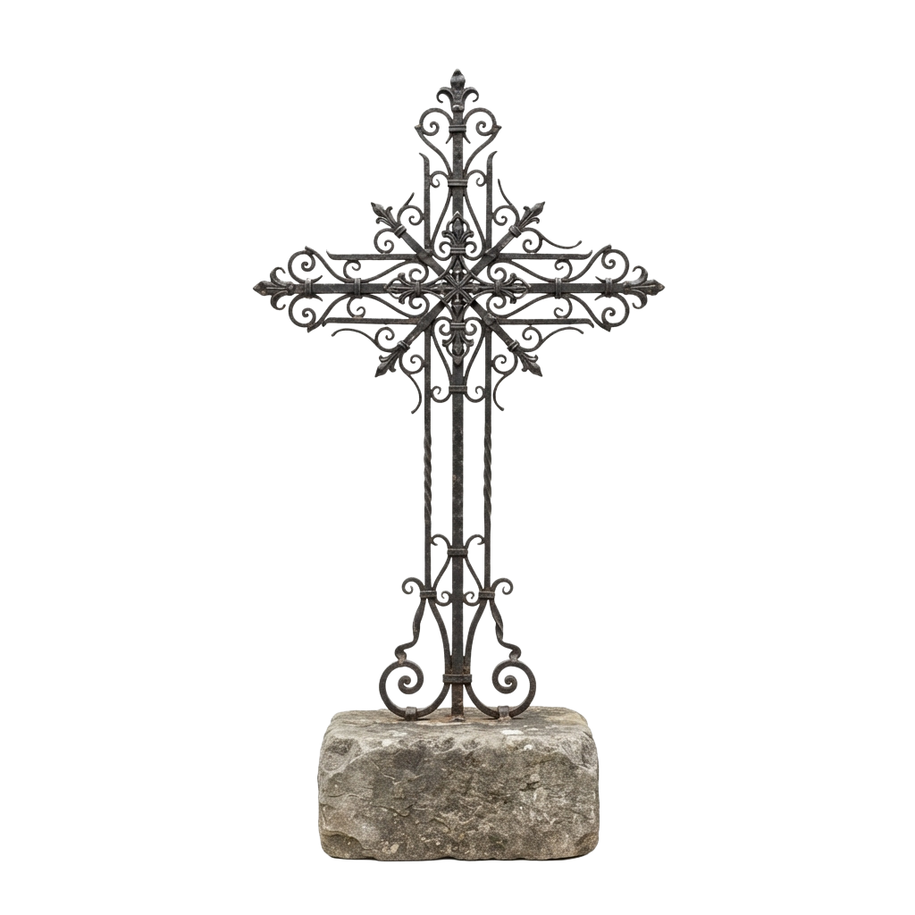 Intricate wrought iron cross mounted on a rough stone pedestal against a black background