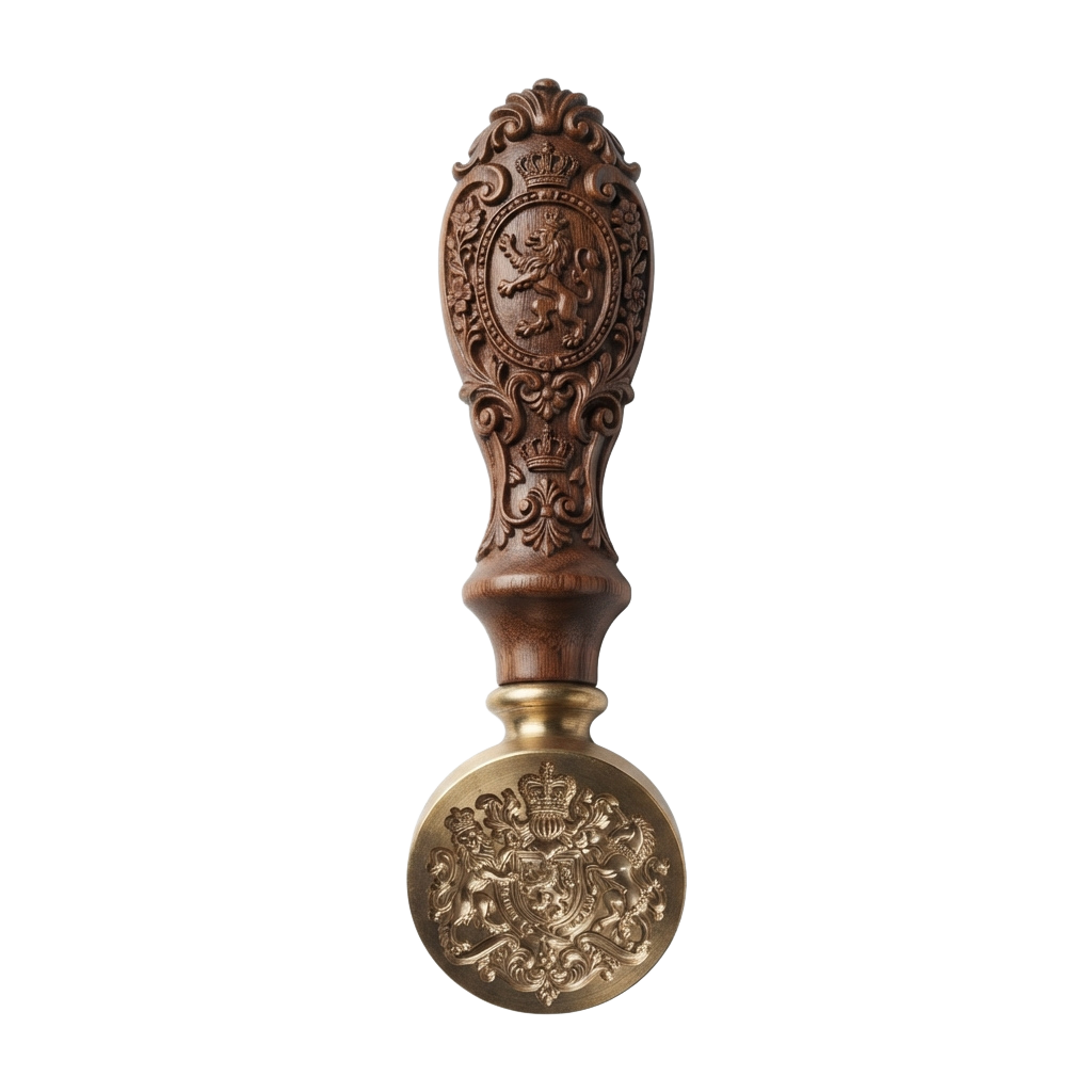 Decorative ceremonial mace featuring detailed wood carvings and a brass heraldic emblem at the base
