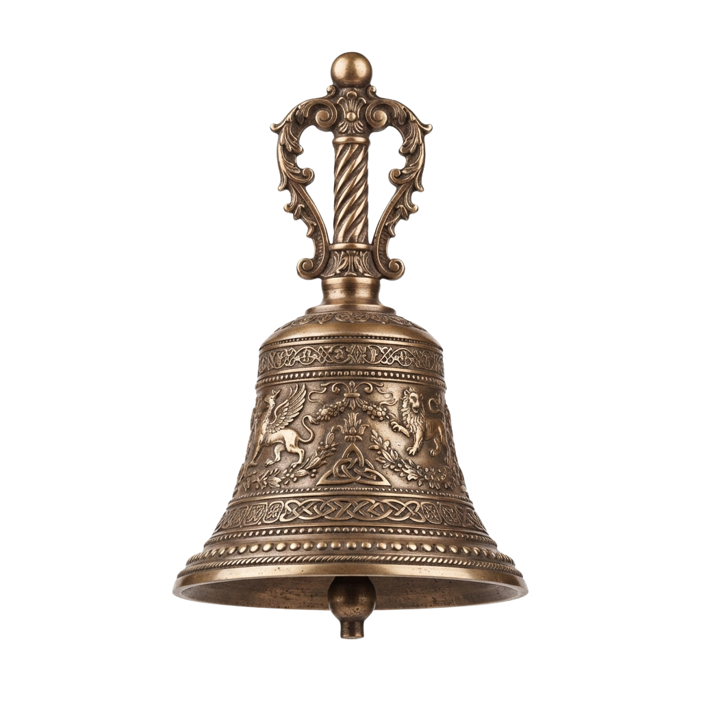 Decorative bronze bell featuring detailed Celtic knotwork and an ornate handle with twisted rope design