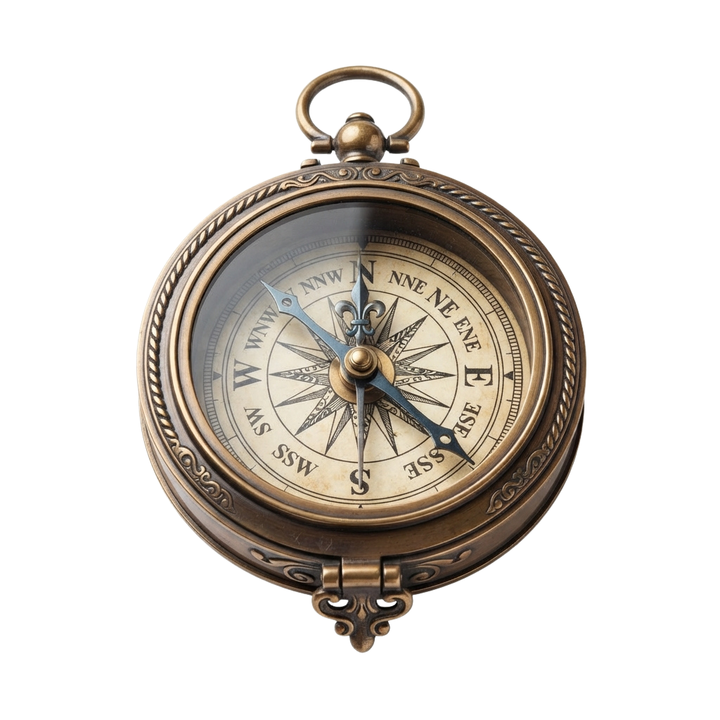 A vintage brass pocket compass with ornate engravings and cardinal directions marked on its face