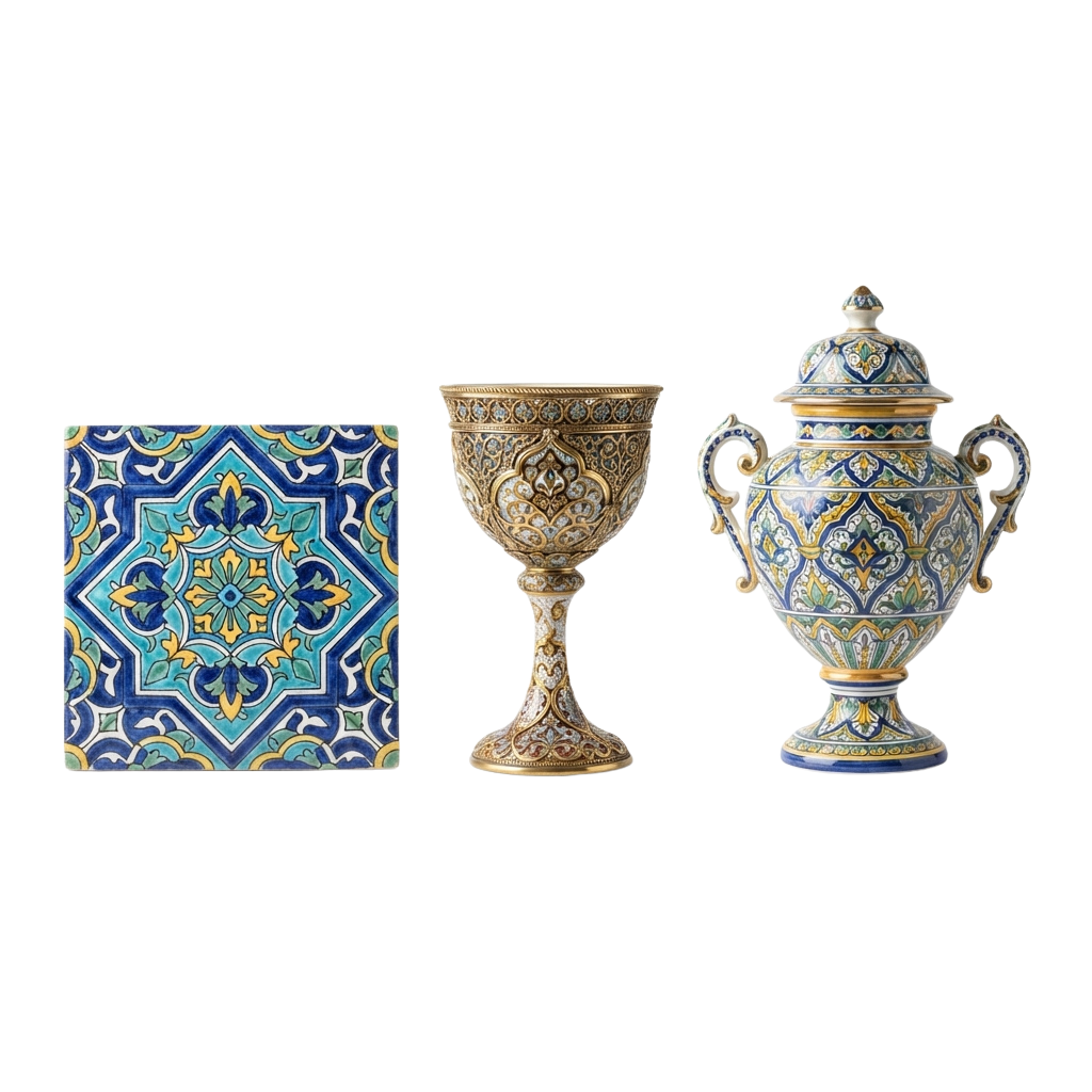 Decorative blue and gold majolica goblet, decanter, and patterned tile displayed on black background