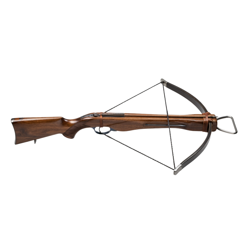 A wooden rifle stock with a crossbow mounted on top, ready for use.