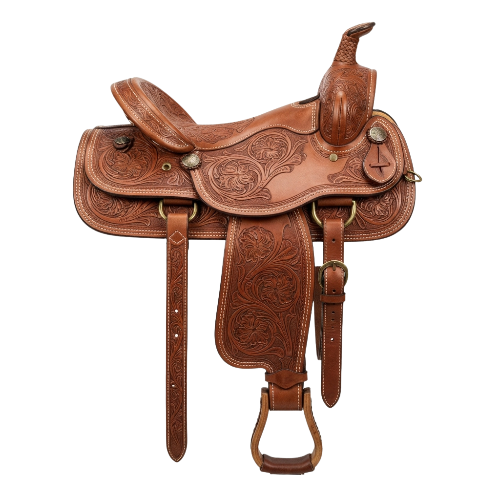 A brown leather western saddle featuring detailed floral tooling patterns and brass studs