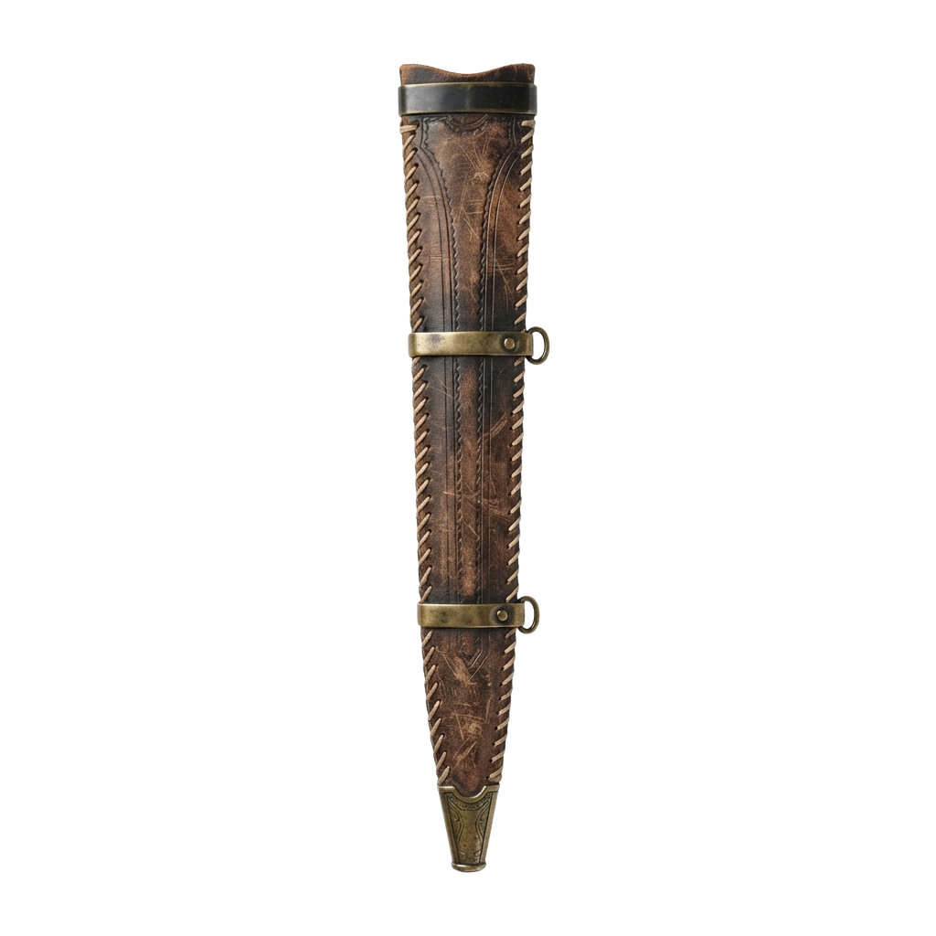 A vintage-style leather rifle scabbard featuring brass-colored buckles and stitching details