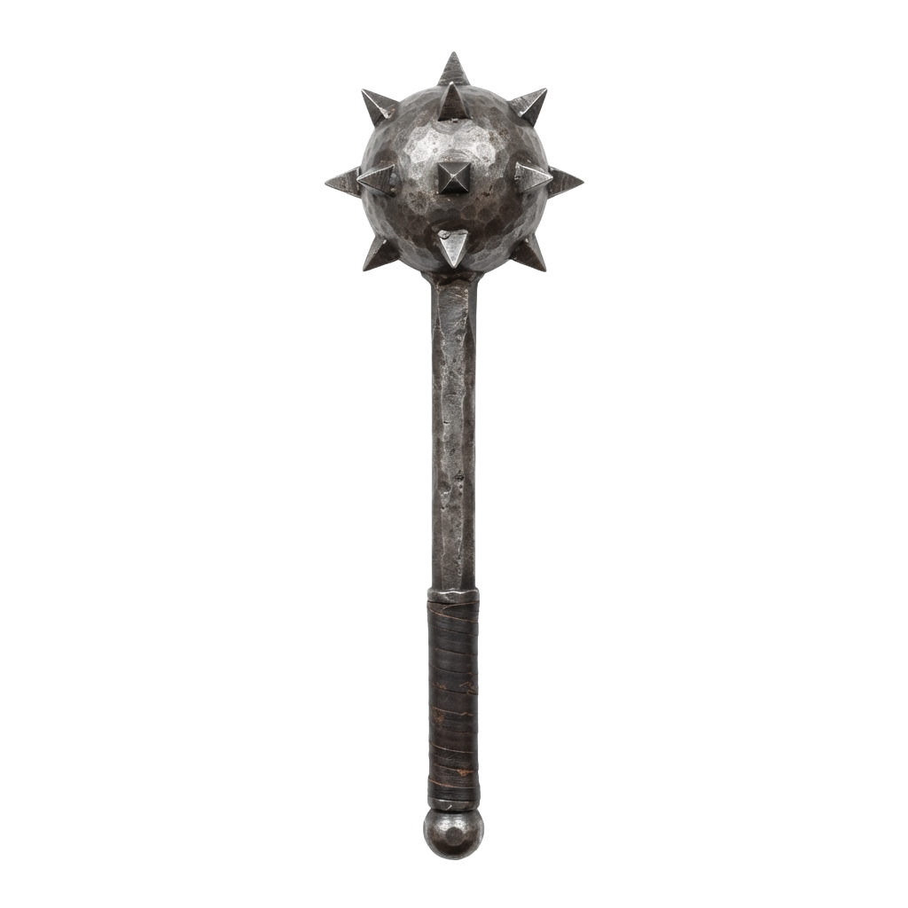 A metal mace with a spiked, star-shaped head and a wrapped handle ending in a spherical base