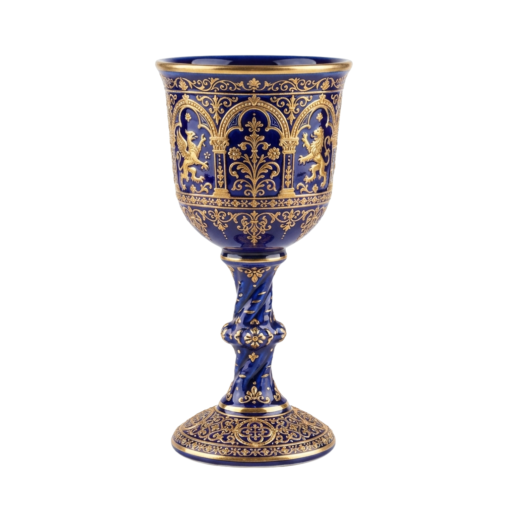 Decorative blue goblet with gold intricate designs and lion motifs on a black background