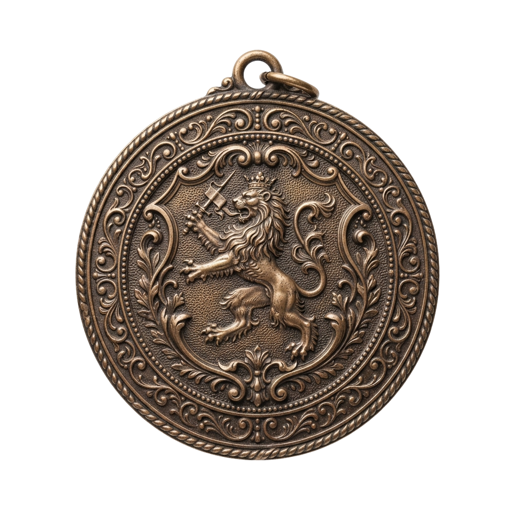 An intricately designed bronze pendant featuring a lion with a crown and decorative scrollwork border