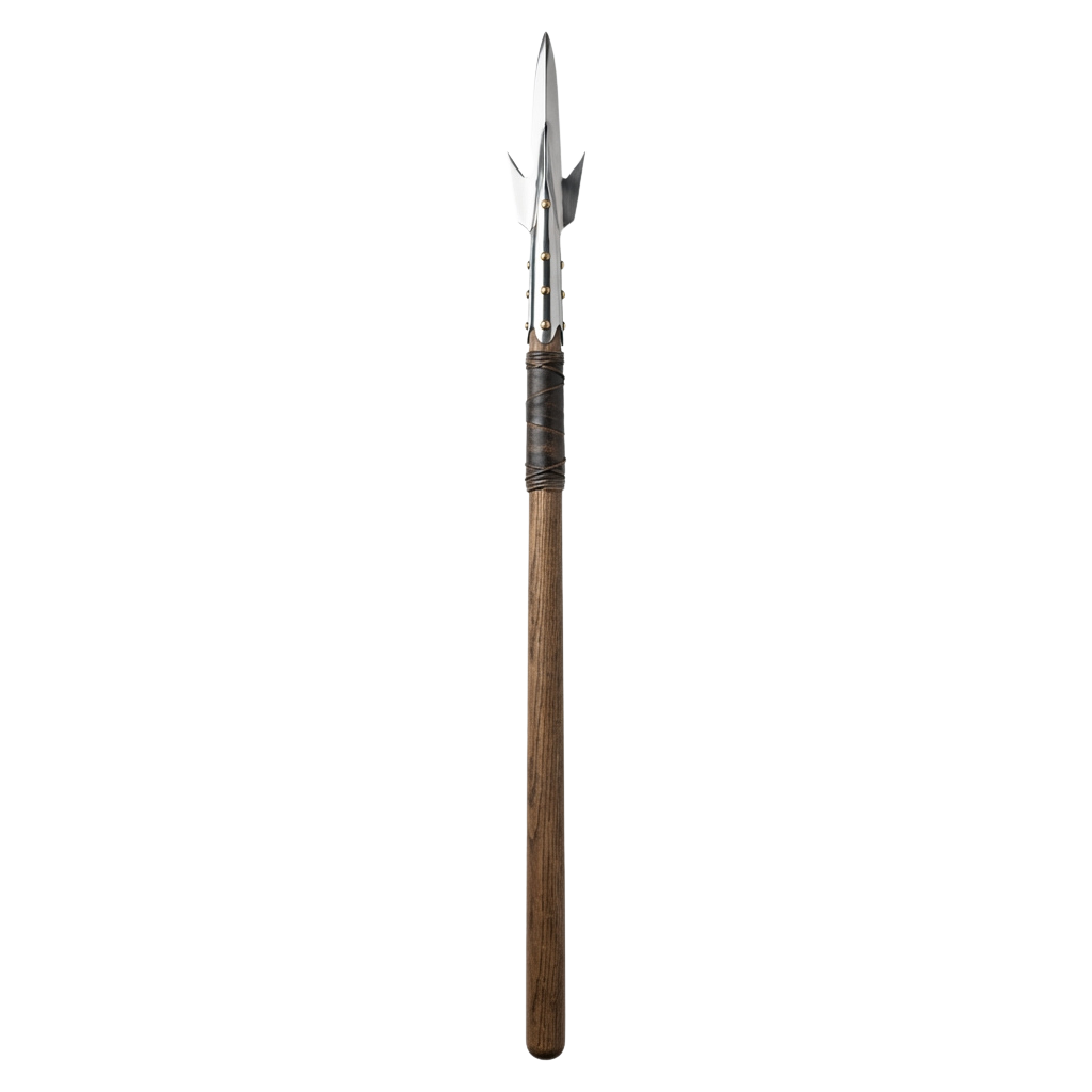 A spear with a wooden shaft wrapped in leather and a double-edged metal blade.