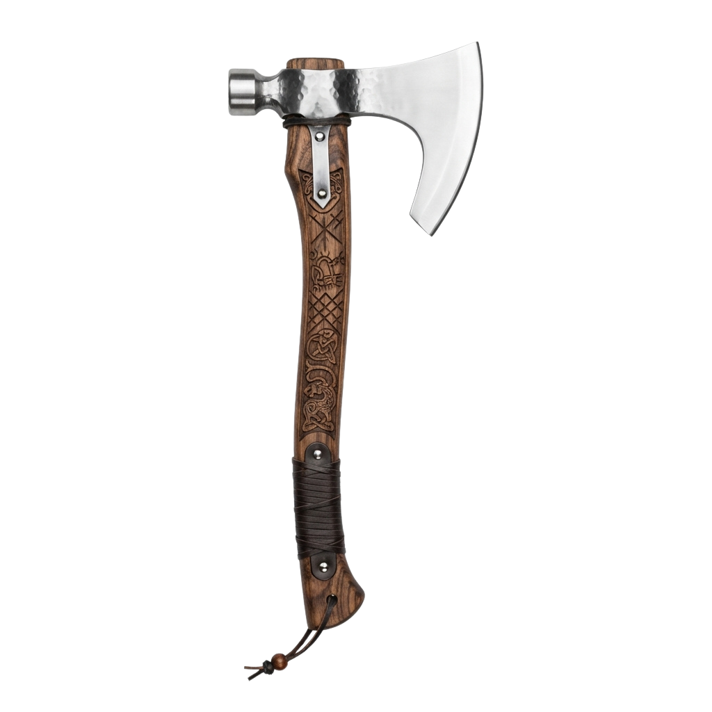 A decorative axe with a wooden handle featuring intricate carvings and a metal head, set against a black background.