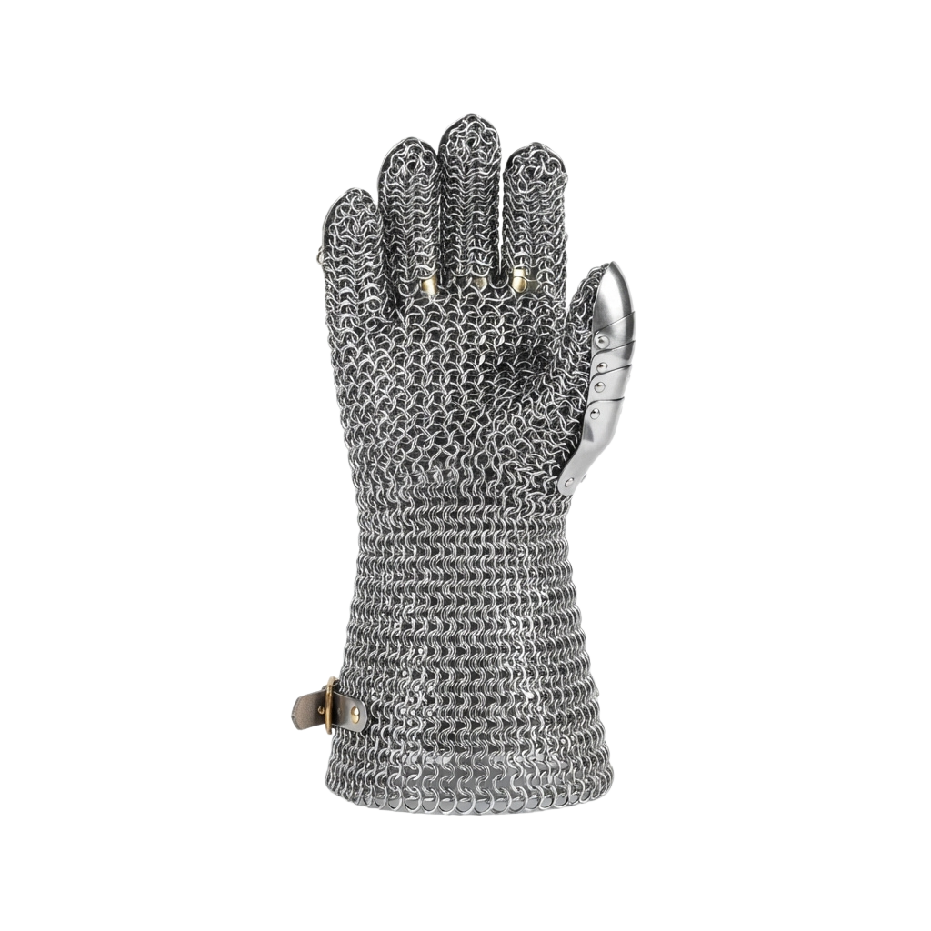 A detailed view of a chainmail gauntlet with metal finger and wrist guards.