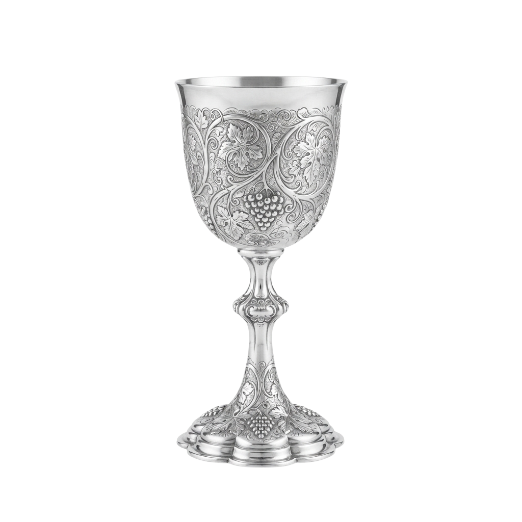 A silver goblet with detailed floral and grapevine engravings, standing on a decorative base.