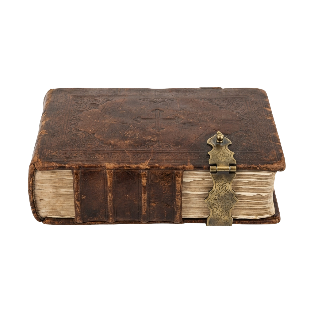 An old leather-bound book with decorative patterns and a brass clasp closure.