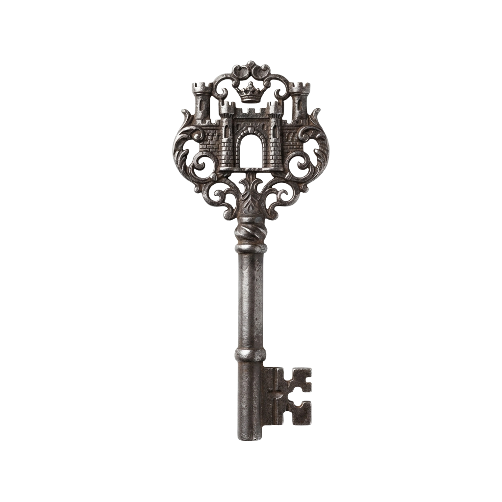 An antique-style metal key with an ornate castle design on the bow