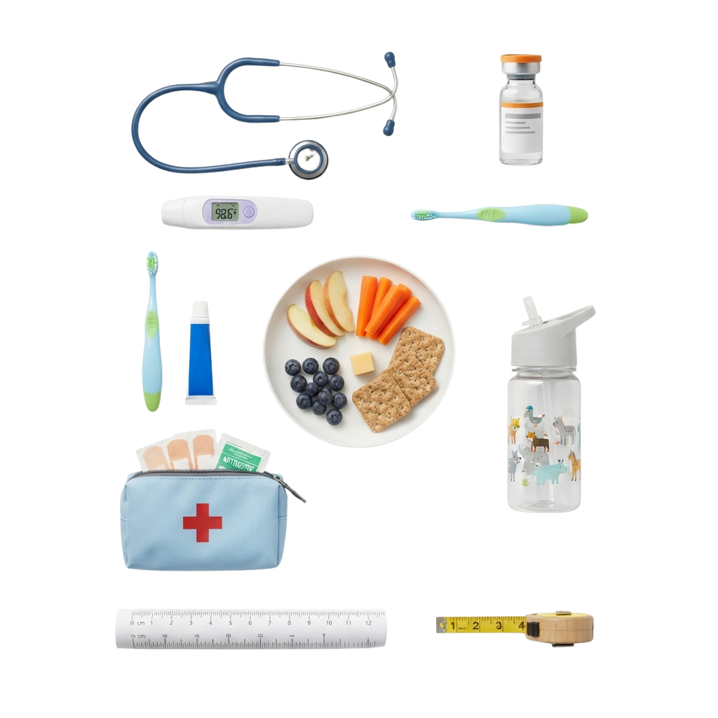 Illustration of a first aid kit, measuring tools, stethoscope, thermometer, toothbrushes, medicine bottle, water bottle, and healthy snacks on a plate