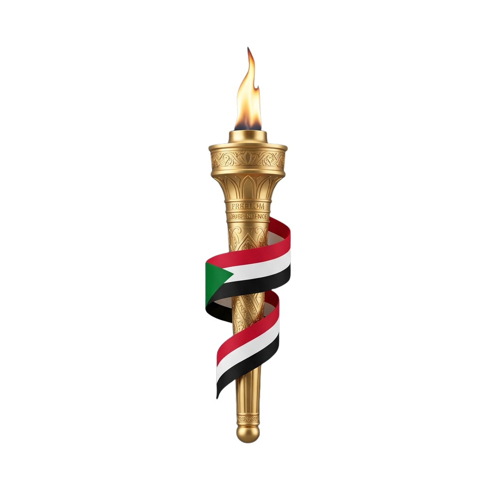 Golden Olympic torch wrapped with Sudanese flag colors red, black, white, and green ribbon, flame lit at top