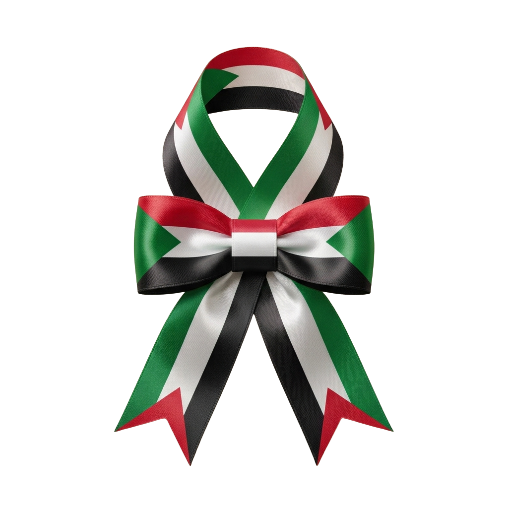 A decorative satin ribbon bow with colors of green, white, black, and red on a black background