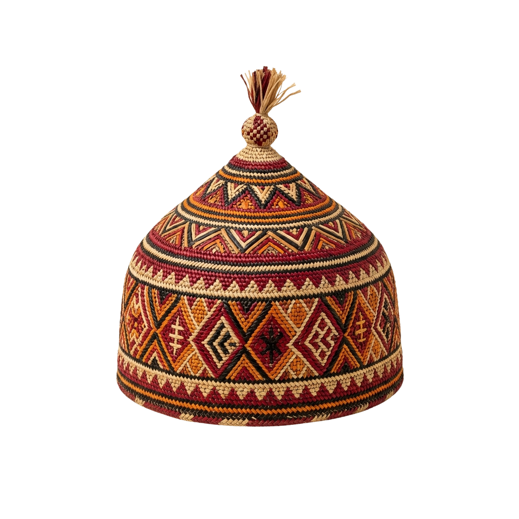 Colorful knitted hat featuring intricate geometric designs and a tassel on top