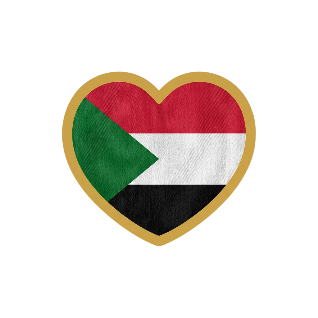 Heart shape with Sudan flag colors red, white, black, and green outlined in gold