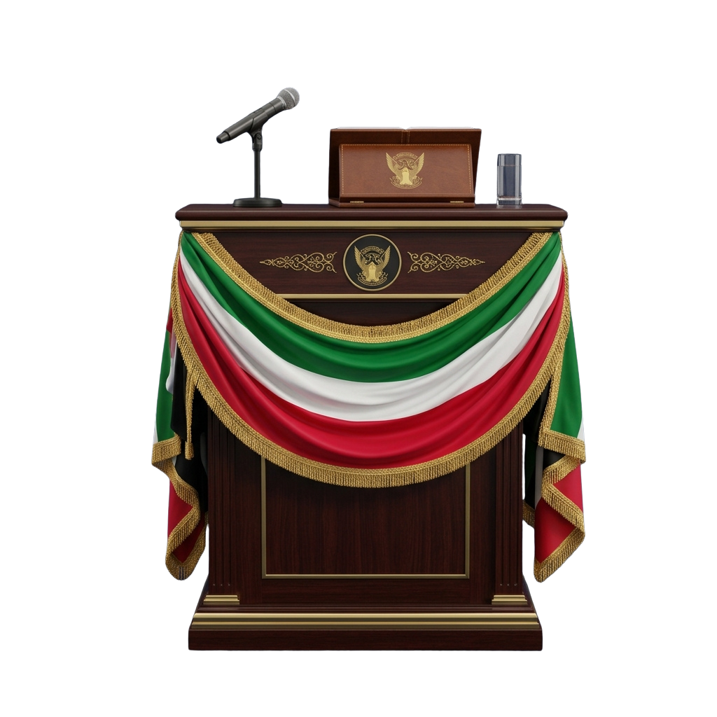 Decorative podium draped with green, white, and red fabric, featuring an eagle emblem and a microphone stand
