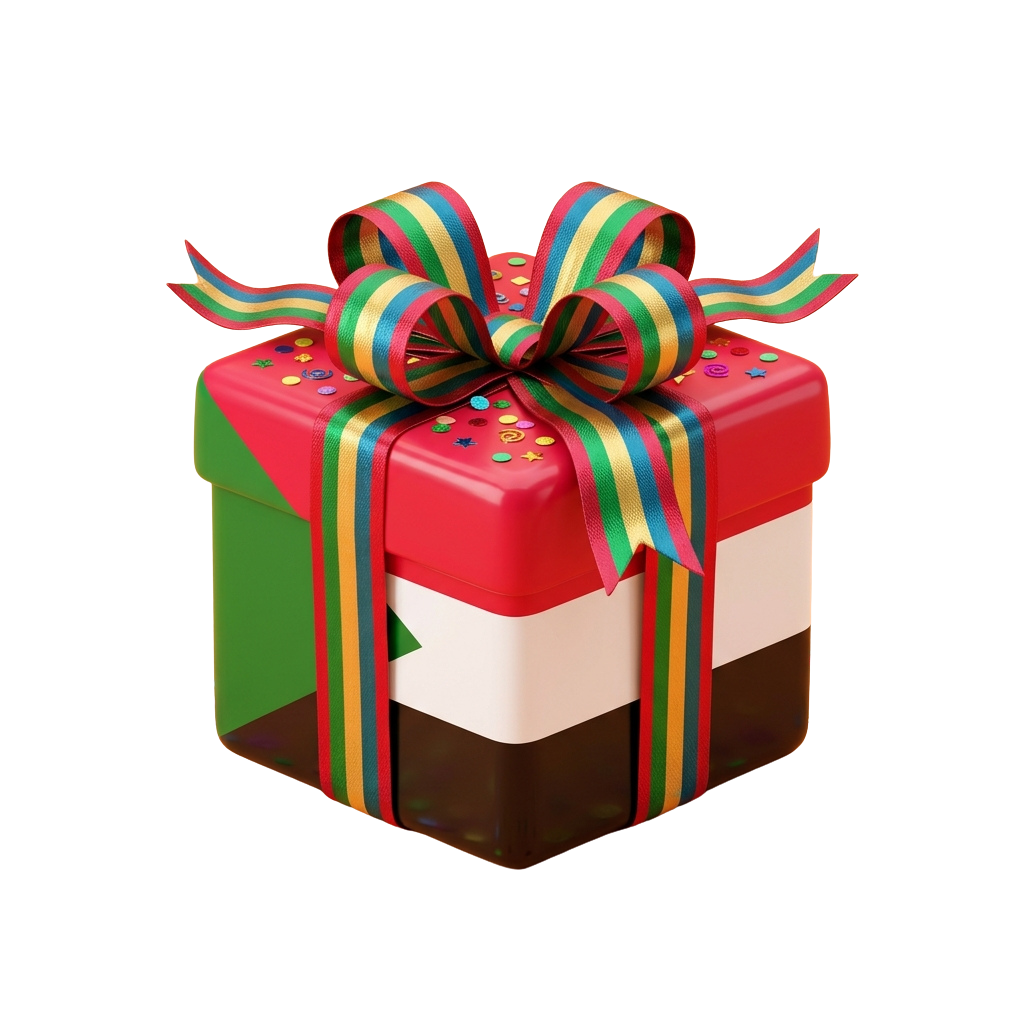 A gift box wrapped in red, green, and white paper with a large multicolored ribbon bow and confetti on top
