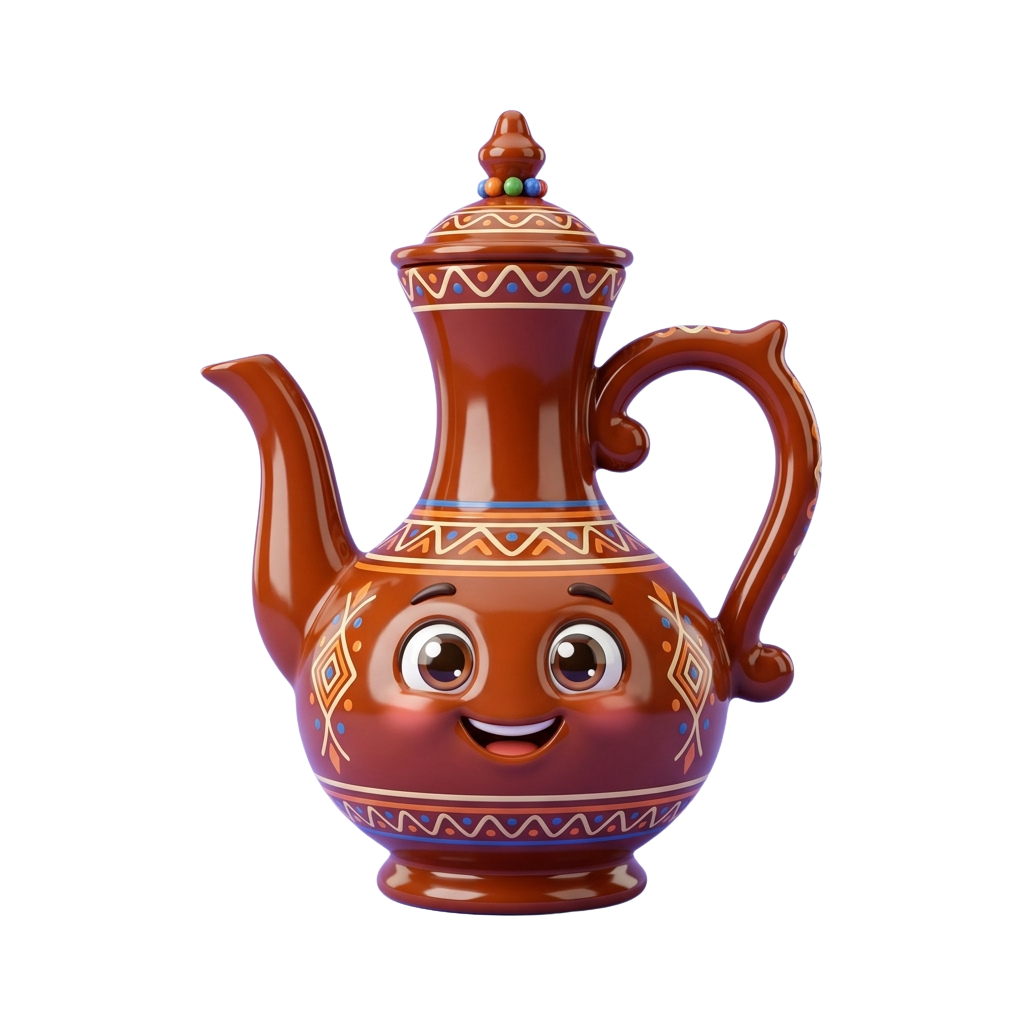 A cheerful animated teapot with a smiling face and colorful geometric patterns on a black background