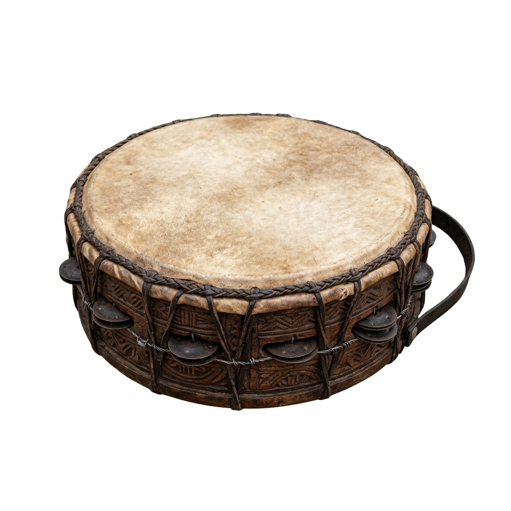 A handcrafted frame drum featuring intricate carvings and an animal skin head, resting on a black background.