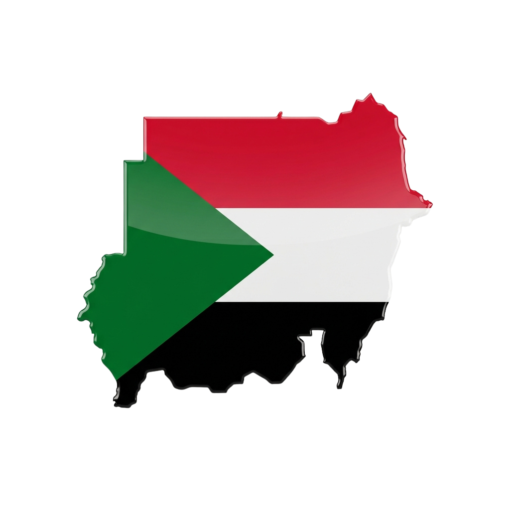 Map outline of Sudan filled with the national flag colors red, white, and green
