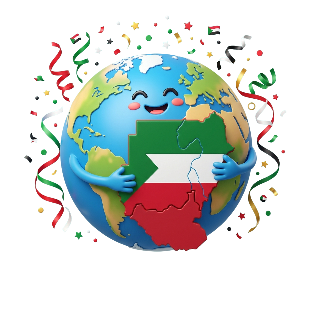 A smiling globe holding an Egyptian flag with colorful confetti around it.