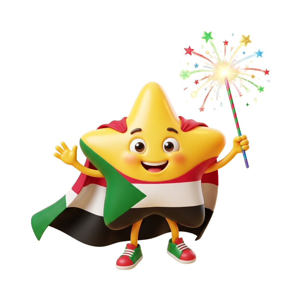 Animated star character wearing a flag cape, smiling, and holding a colorful sparkler