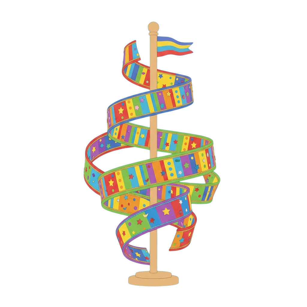 A stylized illustration of a double helix made from a colorful, patterned ribbon with a small flag on top