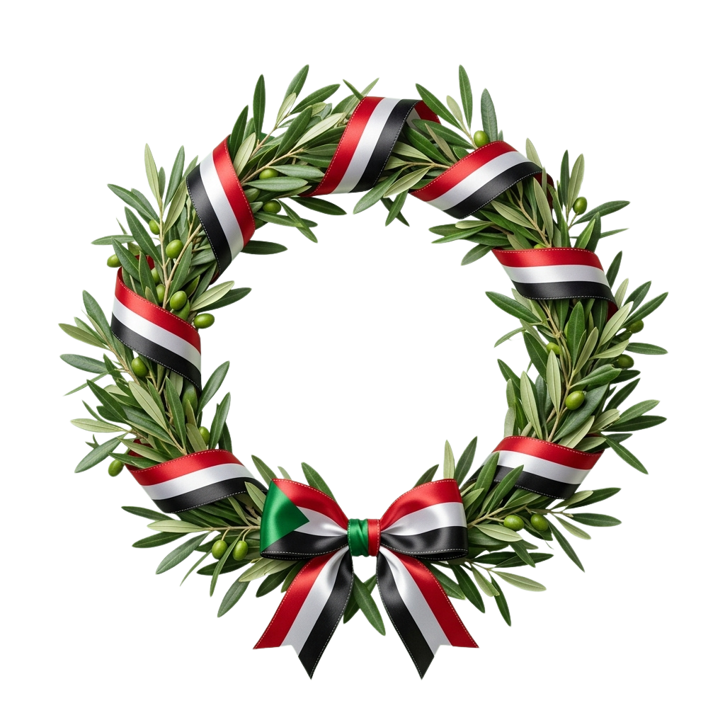 Circular wreath made of green laurel leaves with red, white, and black ribbons resembling the Yemeni flag and a green bow at the bottom
