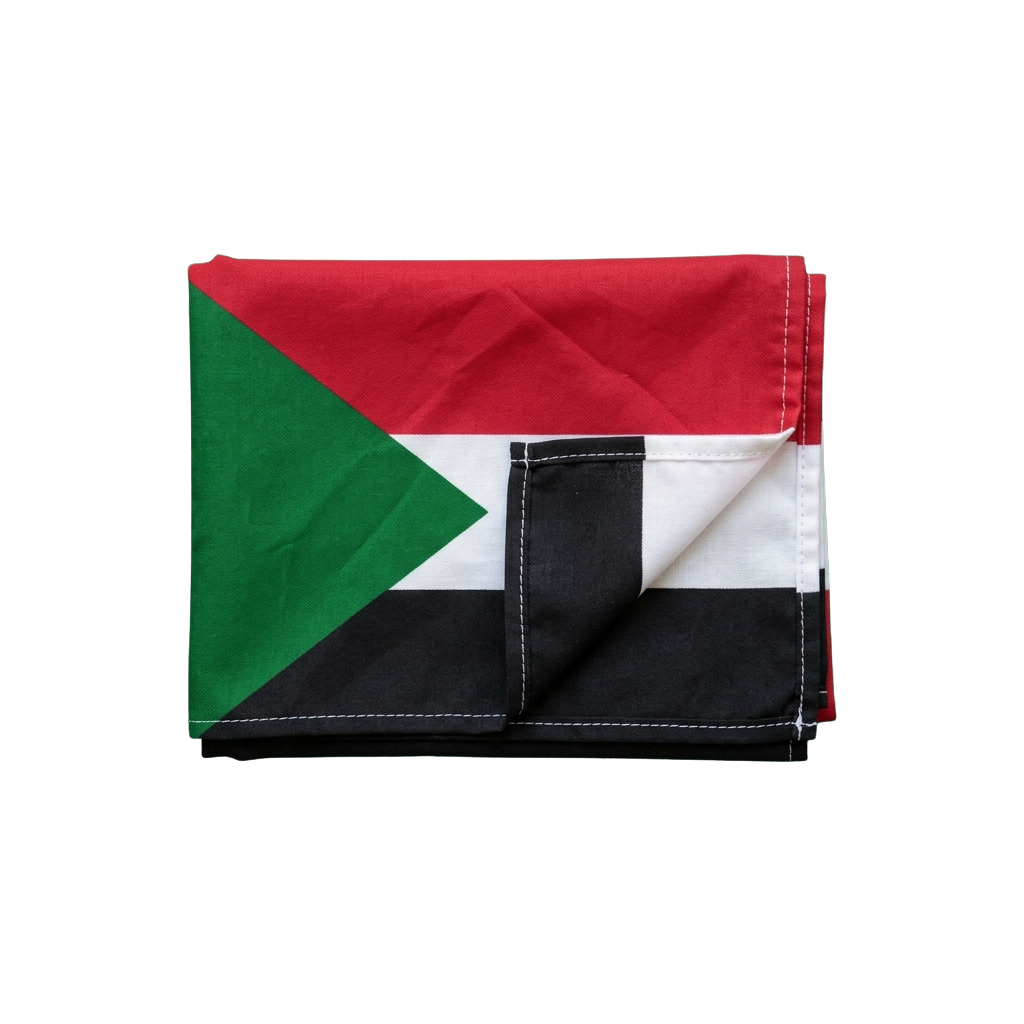 Flag of Sudan with green, white, black, and red horizontal stripes and a black triangle containing a white star