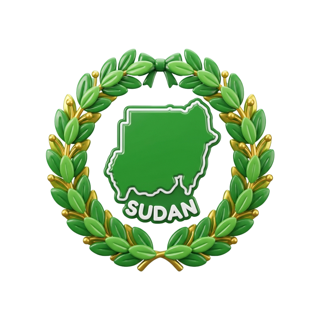 Emblem of Sudan featuring a green map silhouette inside a laurel wreath with gold leaves and the word Sudan below