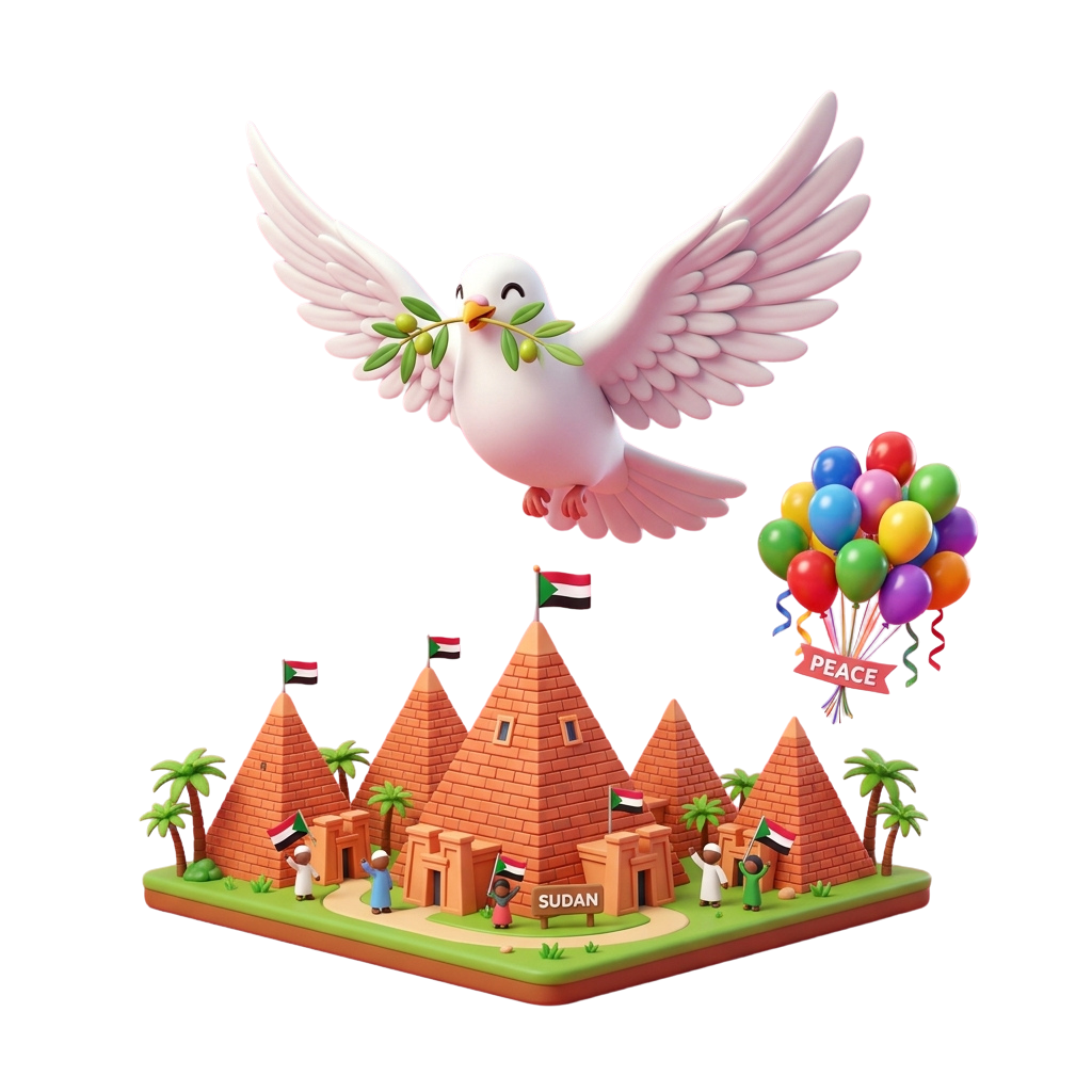 A white dove with an olive branch flies over a miniature Sudanese village with colorful balloons labeled peace in the background
