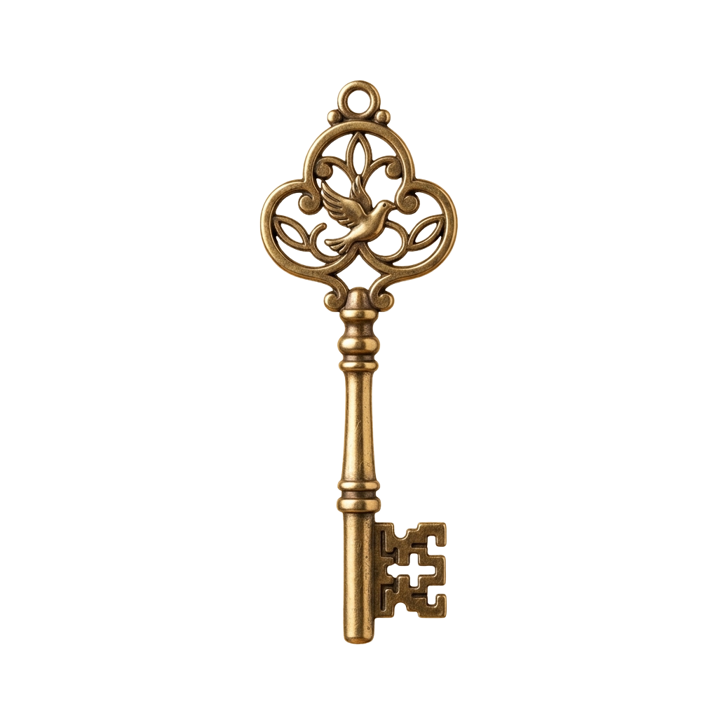 A detailed antique-style gold key with an ornate bow and classic keyhole design against a black background