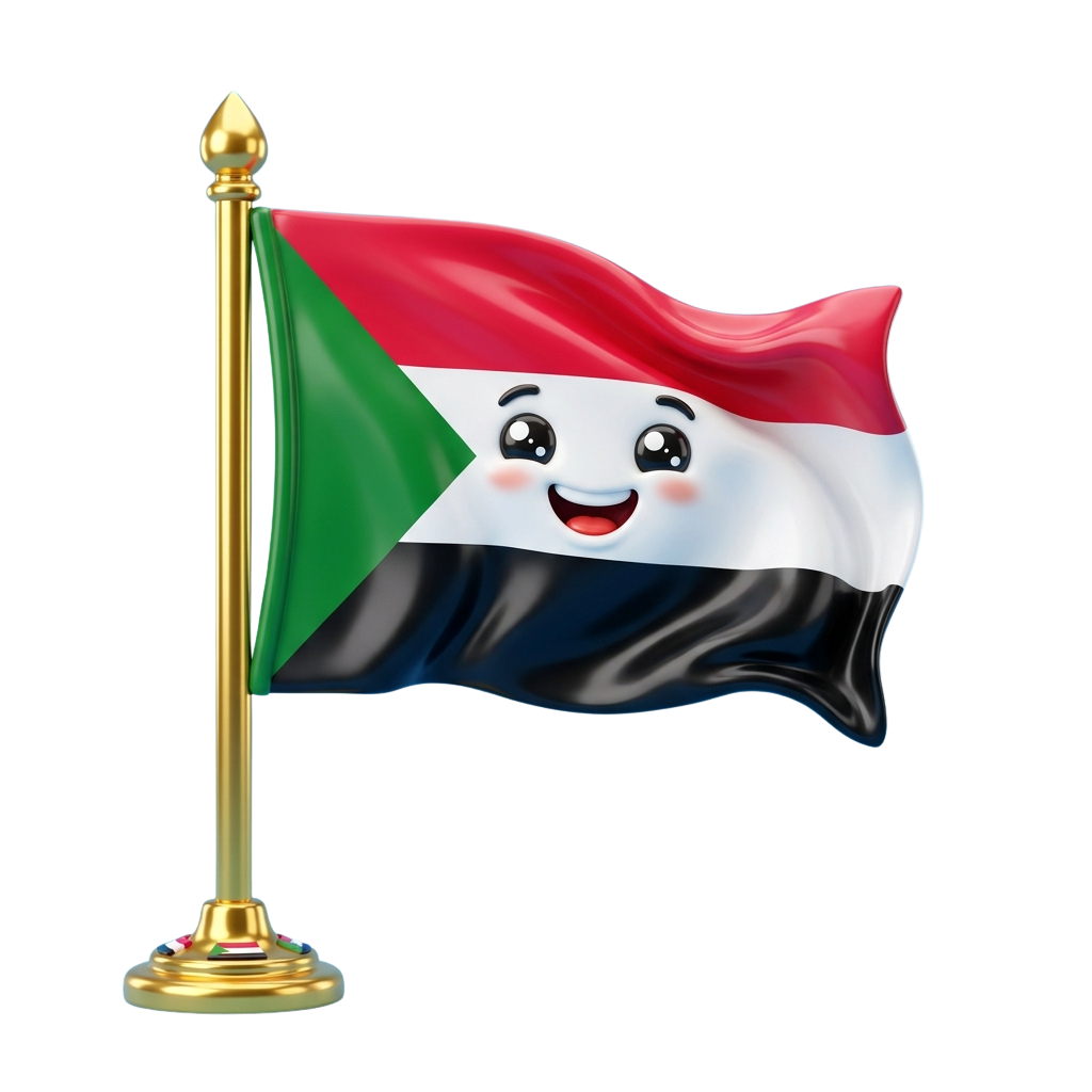 Animated flag of South Sudan with a smiling face illustration waving on a gold pole