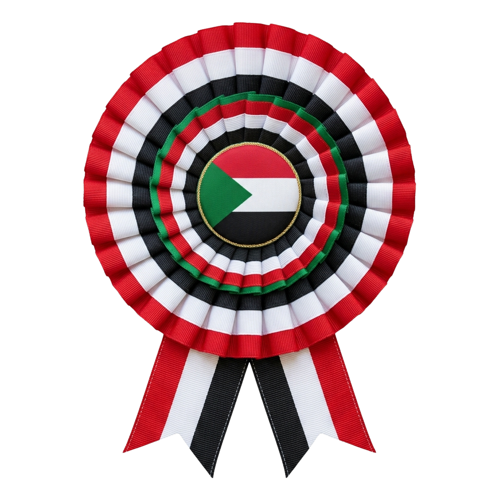 Decorative ribbon medal featuring concentric stripes in red, white, black, and green with a national flag emblem in the center