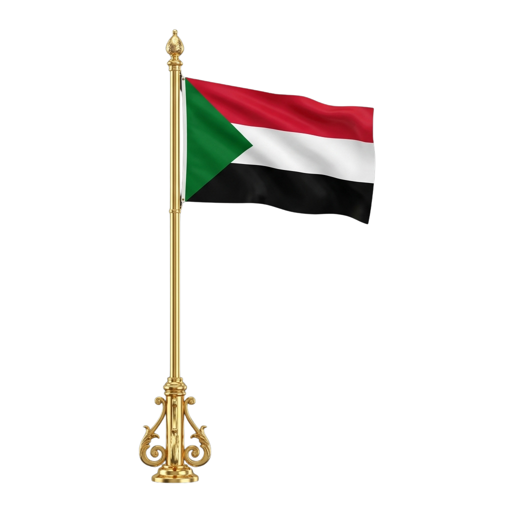 Gold flagpole with the flag of Sudan waving, featuring black, yellow, red, and green horizontal stripes